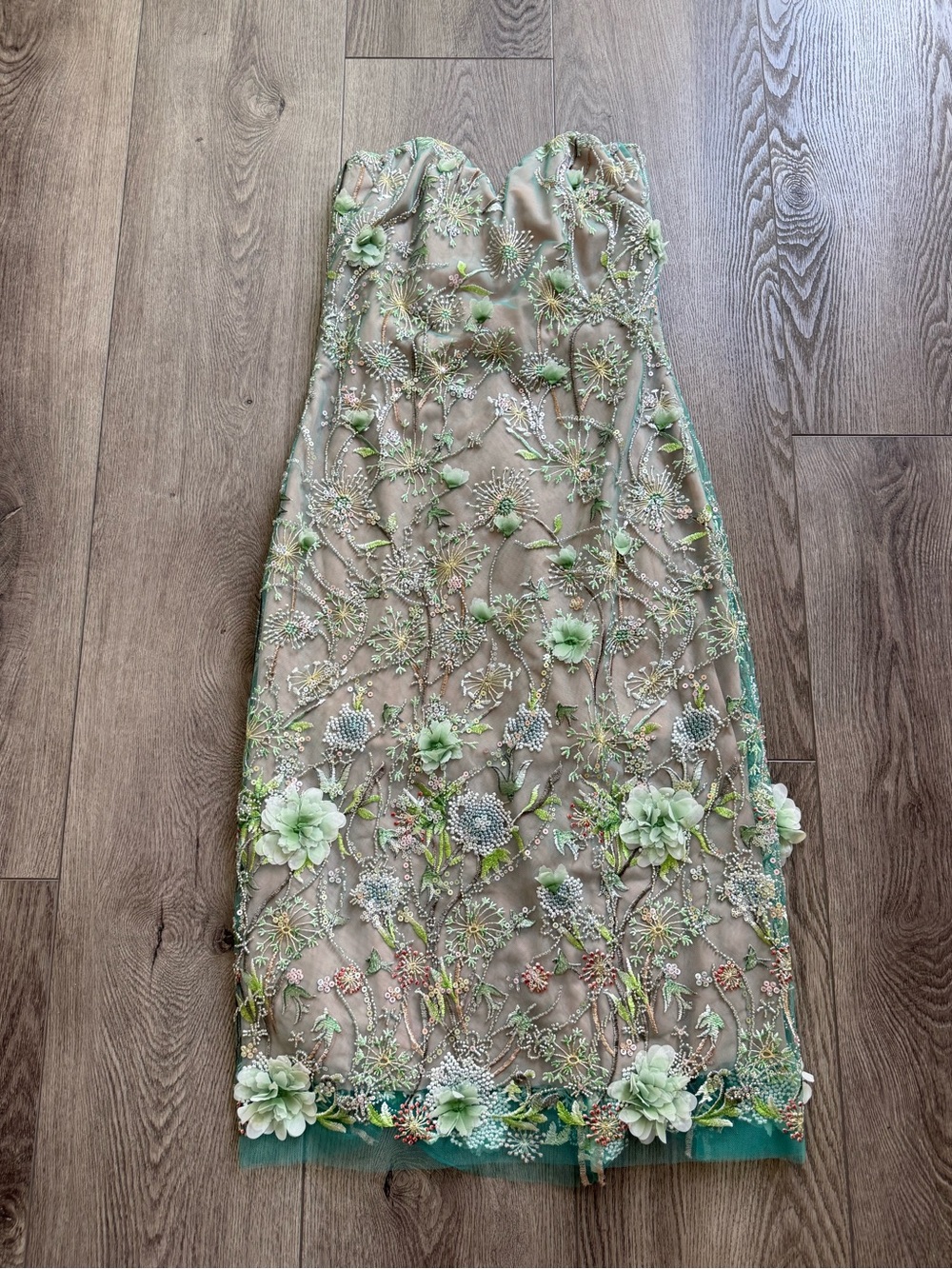helsi francine green floral applique embellished strapless midi dress size XS